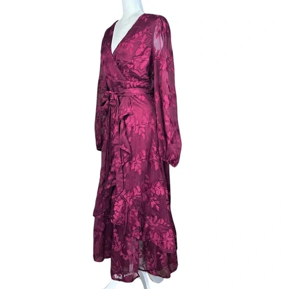 Lulu's Faux Wrap Midi Dress Large Party Holiday Chiffon Embroidered Asymmetrical - Picture 7 of 17